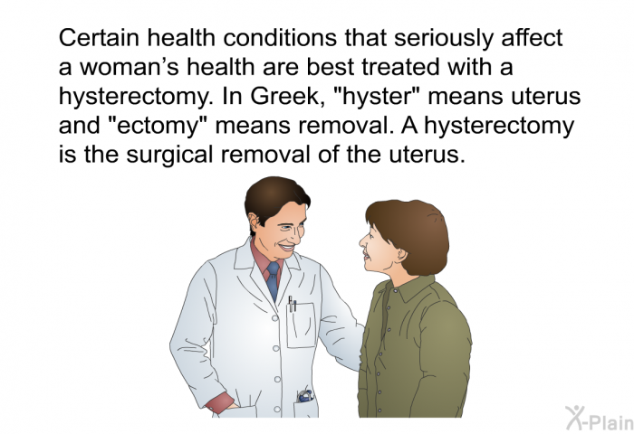 Certain health conditions that seriously affect a woman's health are best treated with a hysterectomy. In Greek, "hyster" means uterus and "ectomy" means removal. A hysterectomy is the surgical removal of the uterus.