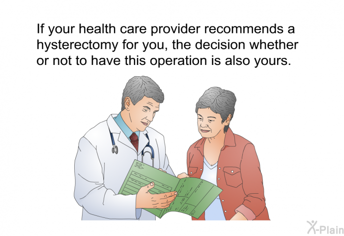 If your health care provider recommends a hysterectomy for you, the decision whether or not to have this operation is also yours.