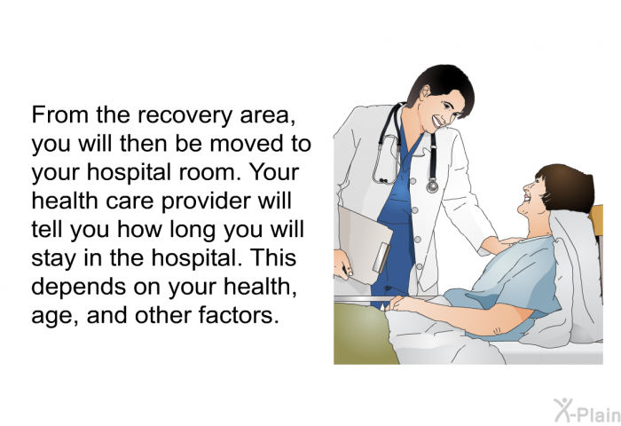From the recovery area, you will then be moved to your hospital room. Your health care provider will tell you how long you will stay in the hospital. This depends on your health, age, and other factors.