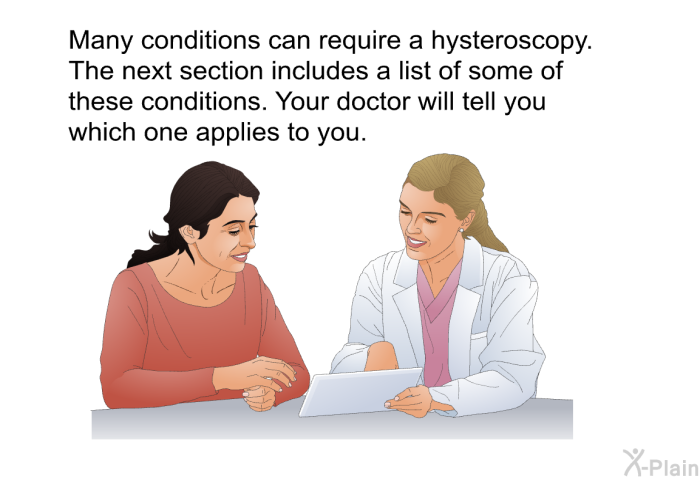 Many conditions can require a hysteroscopy. The next section includes a list of some of these conditions. Your doctor will tell you which one applies to you.