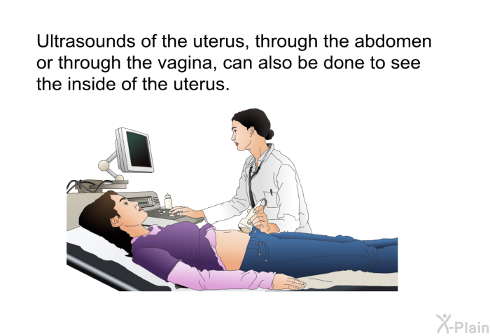 Ultrasounds of the uterus, through the abdomen or through the vagina, can also be done to see the inside of the uterus.