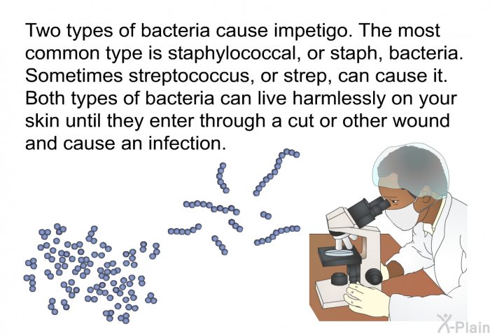 Two types of bacteria cause impetigo. The most common type is staphylococcal, or staph, bacteria. Sometimes streptococcus, or strep, can cause it. Both types of bacteria can live harmlessly on your skin until they enter through a cut or other wound and cause an infection.