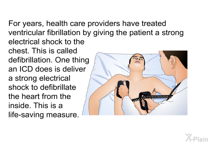 For years, health care providers have treated ventricular fibrillation by giving the patient a strong electrical shock to the chest. This is called defibrillation. One thing an ICD does is deliver a strong electrical shock to defibrillate the heart from the inside. This is a life-saving measure.