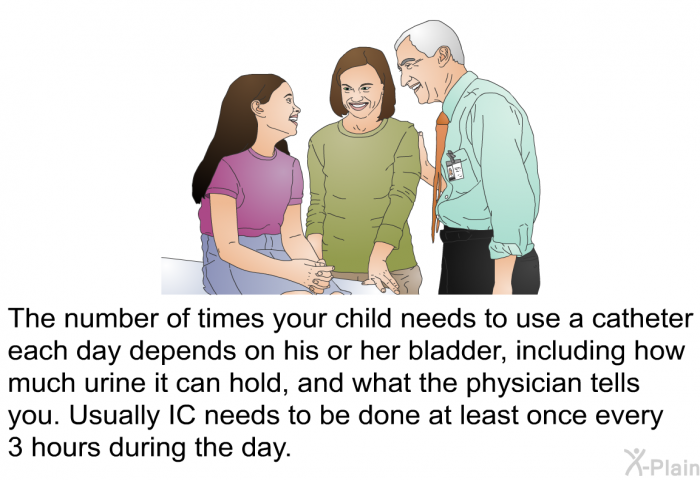 The number of times your child needs to use a catheter each day depends on his or her bladder, including how much urine it can hold, and what the physician tells you. Usually IC needs to be done at least once every 3 hours during the day.