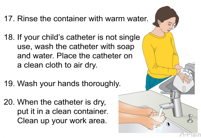 <OL START=20> Rinse the container with warm water. If your child’s catheter is not single use, wash the catheter with soap and water. Place the catheter on a clean cloth to air dry. Wash your hands thoroughly. When the catheter is dry, put it in a clean container. Clean up your work area.