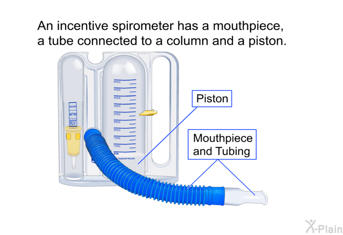 An incentive spirometer has a mouthpiece, a tube connected to a column and a piston.