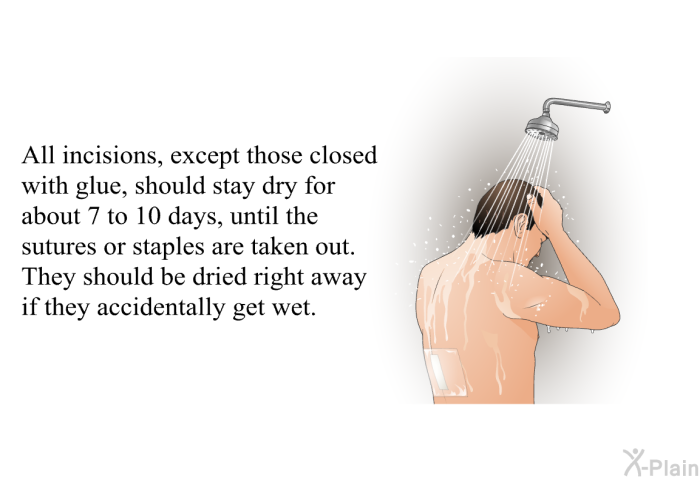 All incisions, except those closed with glue, should stay dry for about 7 to 10 days, until the sutures or staples are taken out. They should be dried right away if they accidentally get wet.