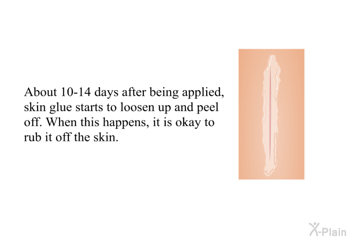About 10-14 days after being applied, skin glue starts to loosen up and peel off. When this happens, it is okay to rub it off the skin.