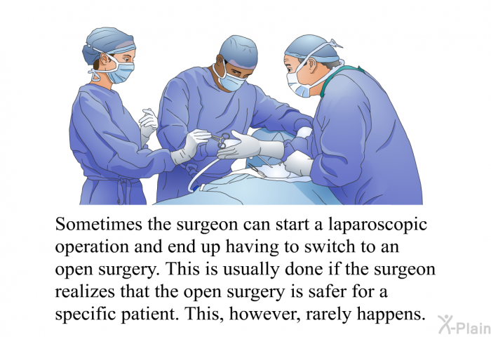 Sometimes the surgeon can start a laparoscopic operation and end up having to switch to an open surgery. This is usually done if the surgeon realizes that the open surgery is safer for a specific patient. This, however, rarely happens.