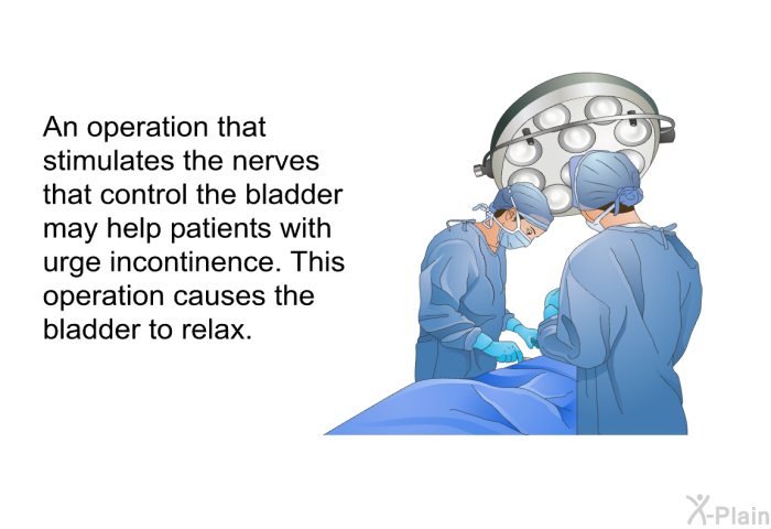 An operation that stimulates the nerves that control the bladder may help patients with urge incontinence. This operation causes the bladder to relax.