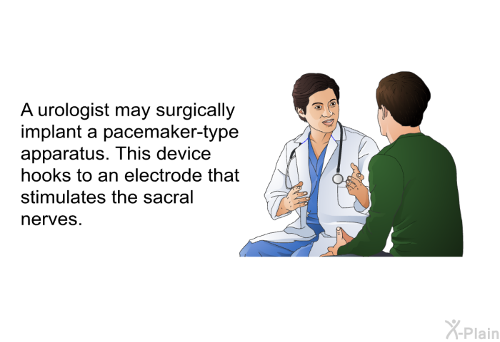 A urologist may surgically implant a pacemaker-type apparatus. This device hooks to an electrode that stimulates the sacral nerves.