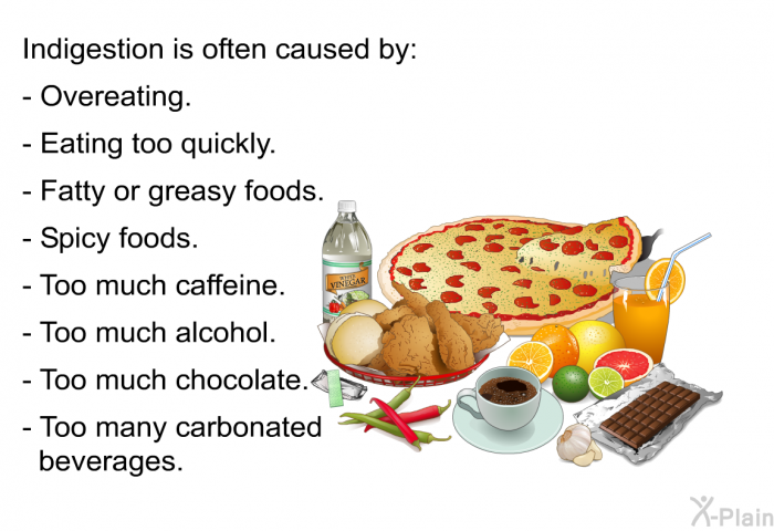 Indigestion is often caused by:  Overeating. Eating too quickly. Fatty or greasy foods. Spicy foods. Too much caffeine. Too much alcohol. Too much chocolate. Too many carbonated beverages.