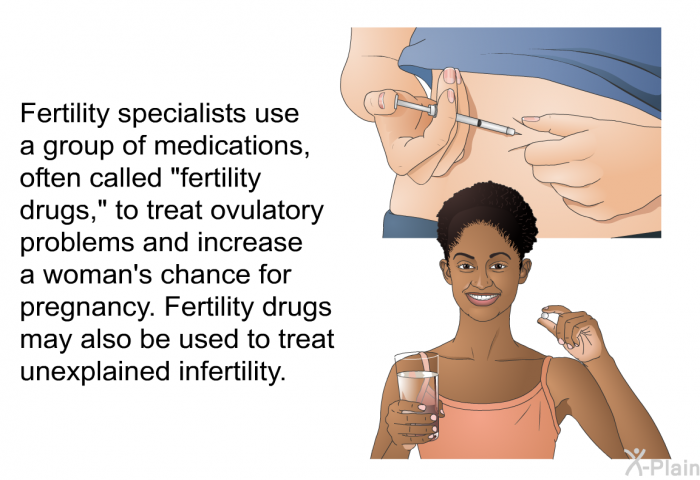 Fertility specialists use a group of medications, often called “fertility drugs,” to treat ovulatory problems and increase a woman's chance for pregnancy. Fertility drugs may also be used to treat unexplained infertility.