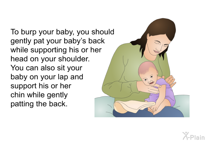 To burp your baby, you should gently pat your baby's back while supporting his or her head on your shoulder. You can also sit your baby on your lap and support his or her chin while gently patting the back.