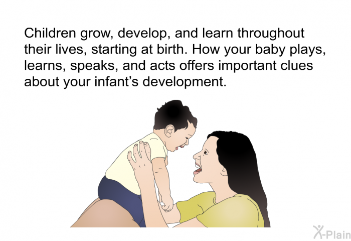 Children grow, develop, and learn throughout their lives, starting at birth. How your baby plays, learns, speaks, and acts offers important clues about your infant's development.