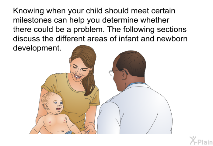 Knowing when your child should meet certain milestones can help you determine whether there could be a problem. The following sections discuss the different areas of infant and newborn development.