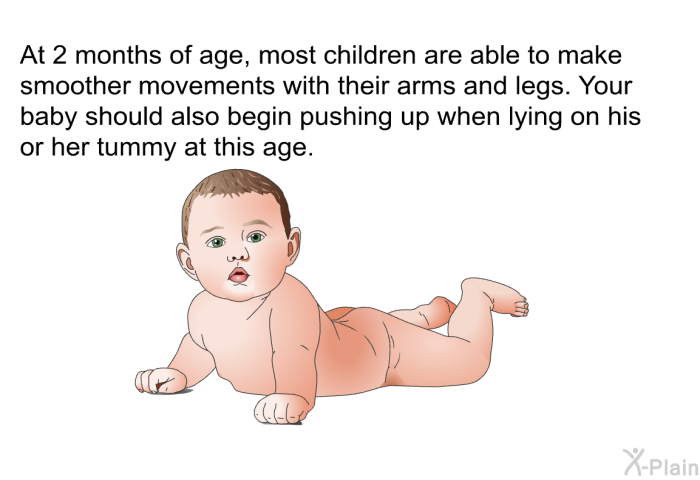 At 2 months of age, most children are able to make smoother movements with their arms and legs. Your baby should also begin pushing up when lying on his or her tummy at this age.