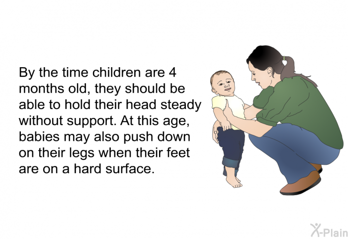 By the time children are 4 months old, they should be able to hold their head steady without support. At this age, babies may also push down on their legs when their feet are on a hard surface.
