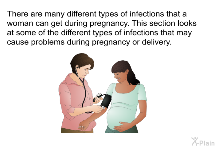 There are many different types of infections that a woman can get during pregnancy. This section looks at some of the different types of infections that may cause problems during pregnancy or delivery.