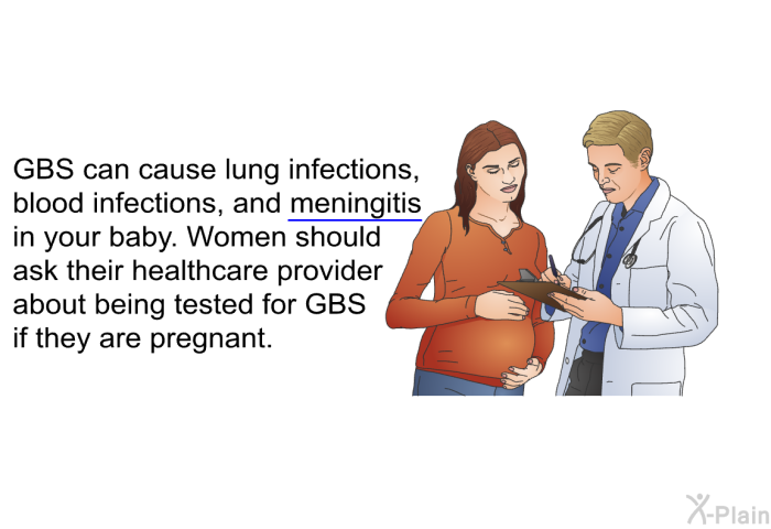 GBS can cause lung infections, blood infections, and meningitis in your baby. Women should ask their healthcare provider about being tested for GBS if they are pregnant.