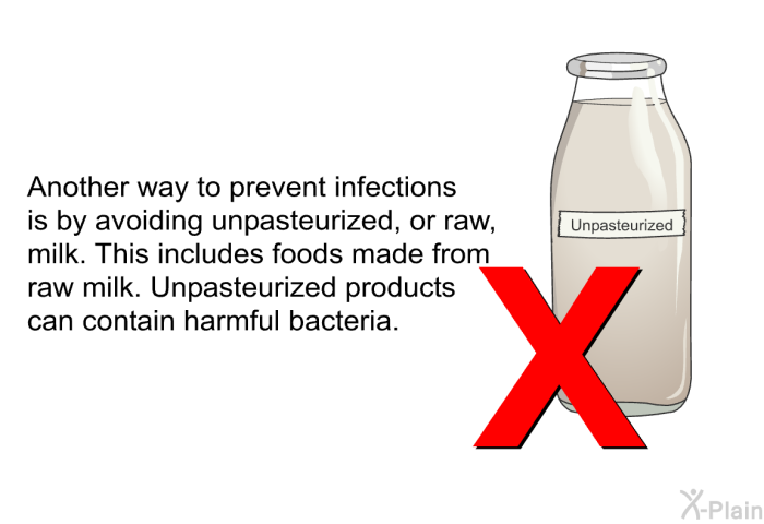 Another way to prevent infections is by avoiding unpasteurized, or raw, milk. This includes foods made from raw milk. Unpasteurized products can contain harmful bacteria.