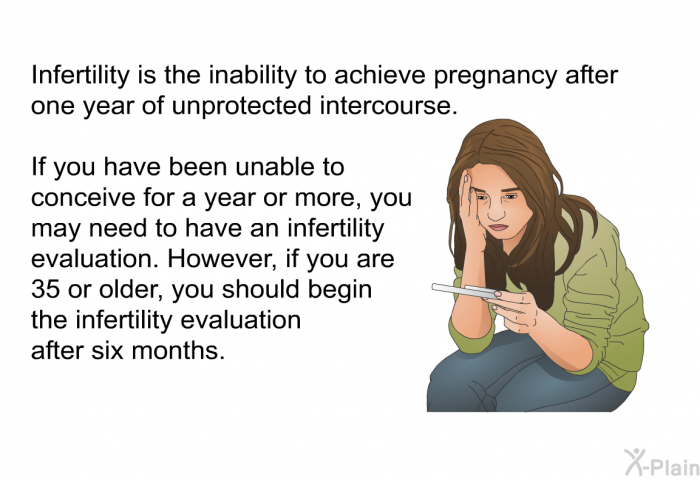 Infertility is the inability to achieve pregnancy after one year of unprotected intercourse. If you have been unable to conceive for a year or more, you may need to have an infertility evaluation. However, if you are 35 or older, you should begin the infertility evaluation after six months.