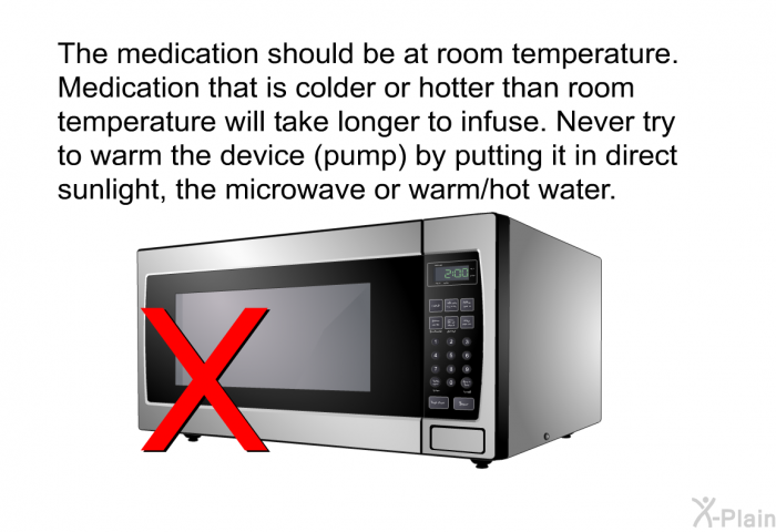 The medication should be at room temperature. Medication that is colder or hotter than room temperature will take longer to infuse. Never try to warm the device (pump) by putting it in direct sunlight, the microwave or warm/hot water.