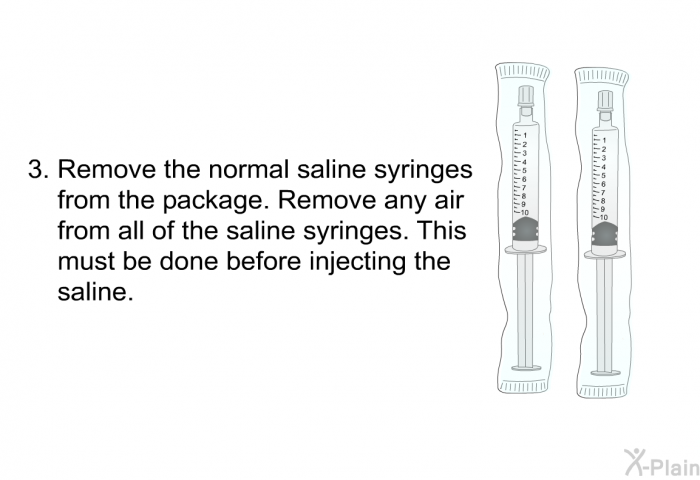 Remove the normal saline syringes from the package. Remove any air from all of the saline syringes. This must be done before injecting the saline.