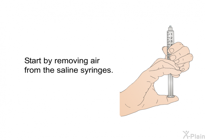 Start by removing air from the saline syringes.