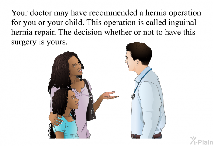 Your doctor may have recommended a hernia operation for you or your child. This operation is called inguinal hernia repair. The decision whether or not to have this surgery is yours.