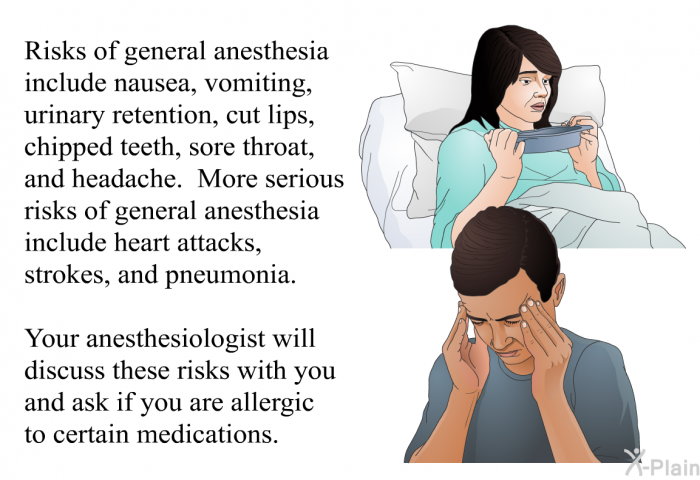 Risks of general anesthesia include nausea, vomiting, urinary retention, cut lips, chipped teeth, sore throat, and headache. More serious risks of general anesthesia include heart attacks, strokes and pneumonia. 
 Your anesthesiologist will discuss these risks with you and ask if you are allergic to certain medications.