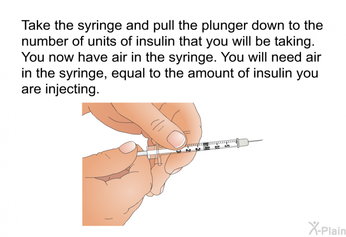 Take the syringe and pull the plunger down to the number of units of insulin that you will be taking. You now have air in the syringe. You will need air in the syringe, equal to the amount of insulin you are injecting.