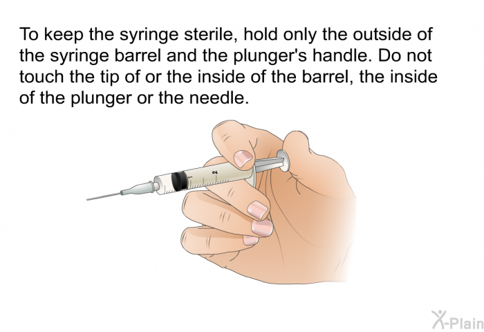 To keep the syringe sterile, hold only the outside of the syringe barrel and the plunger's handle. Do not touch the tip of or the inside of the barrel, the inside of the plunger or the needle.