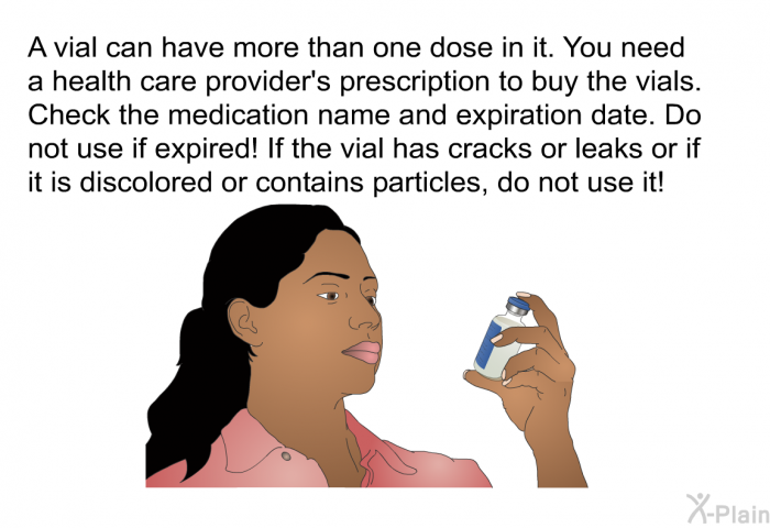 A vial can have more than one dose in it. You need a health care provider's prescription to buy the vials. Check the medication name and expiration date. Do not use if expired! If the vial has cracks or leaks or if it is discolored or contains particles, do not use it!