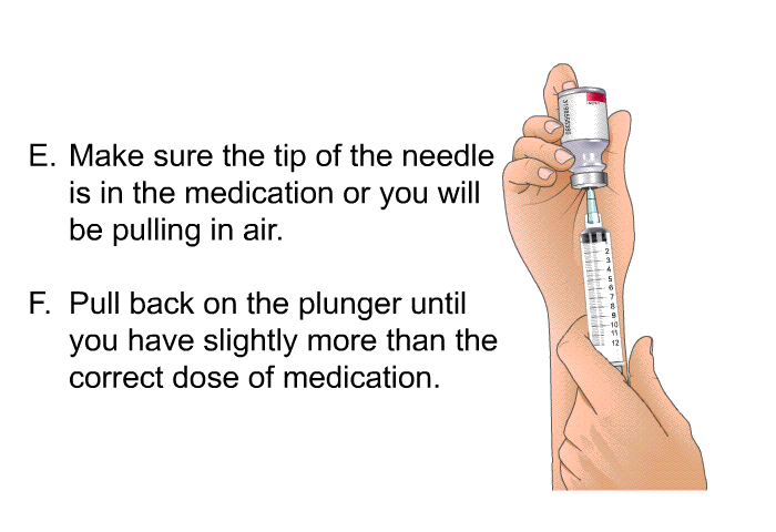 <OL TYPE=A START=5> Make sure the tip of the needle is in the medication or you will be pulling in air. Pull back on the plunger until you have slightly more than the correct dose of medication.