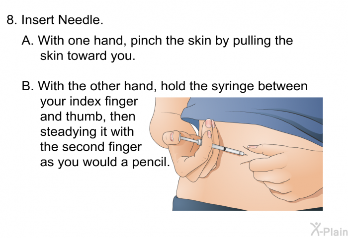 Insert Needle.  <OL TYPE=A> With one hand, pinch the skin by pulling the skin toward you. With the other hand, hold the syringe between your index finger and thumb, then steadying it with the second finger as you would a pencil.
