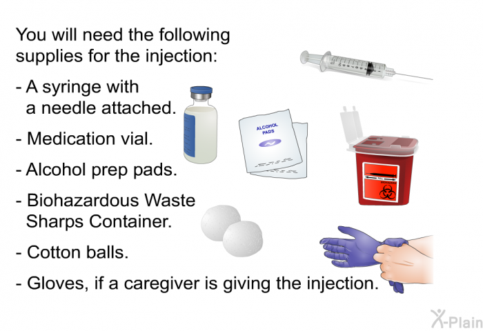 You will need the following supplies for the injection:  A syringe with a needle attached. Medication vial. Alcohol prep pads. Biohazardous Waste Sharps Container. Cotton balls. Gloves, if a caregiver is giving the injection.