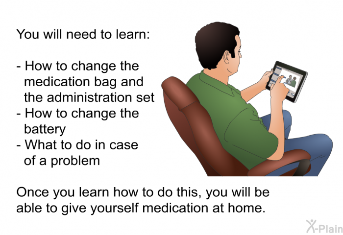 You will need to learn:  How to change the medication bag and the administration set How to change the battery What to do in case of a problem  
 Once you learn how to do this, you will be able to give yourself medication at home.