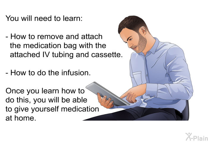 You will need to learn:  How to remove and attach the medication bag with the attached IV tubing and cassette. How to do the infusion.  
 Once you learn how to do this, you will be able to give yourself medication at home.
