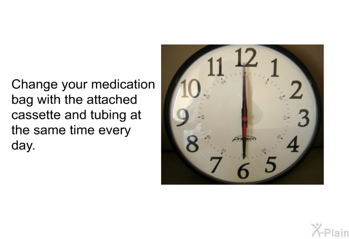 Change your medication bag with the attached cassette and tubing at the same time every day.