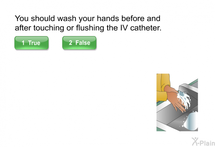 You should wash your hands before and after touching or flushing the IV catheter.