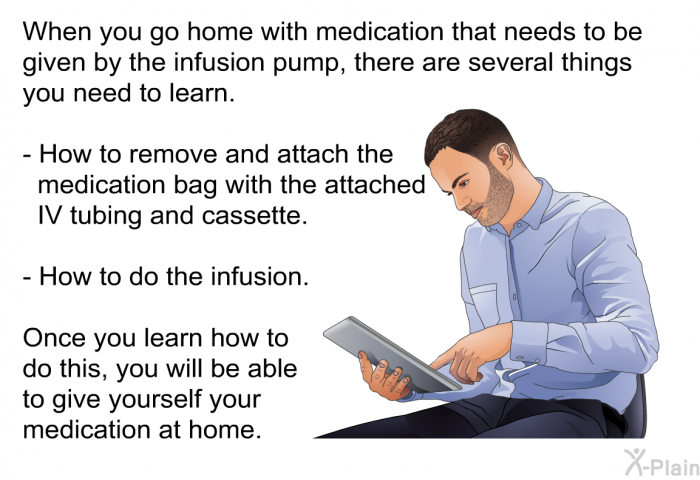 When you go home with medication that needs to be given by the infusion pump, there are several things you need to learn.  How to remove and attach the medication bag with the attached IV tubing and cassette. How to do the infusion.  
 Once you learn how to do this, you will be able to give yourself your medication at home.