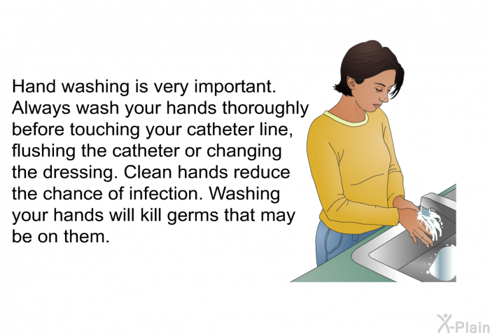 Hand washing is very important. Always wash your hands thoroughly before touching your catheter line, flushing the catheter or changing the dressing. Clean hands reduce the chance of infection. Washing your hands will kill germs that may be on them.