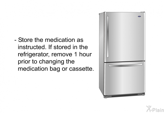 Store the medication as instructed. If stored in the refrigerator, remove 1 hour prior to changing the medication bag or cassette.