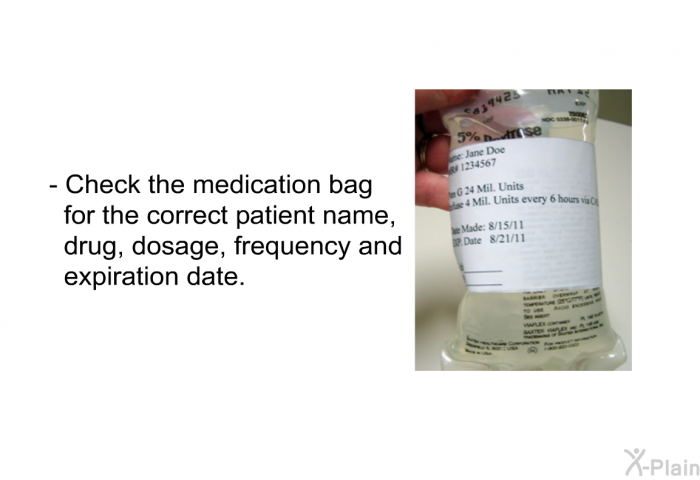 Check the medication bag for the correct patient name, drug, dosage, frequency and expiration date.