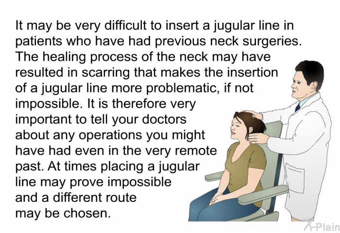 It may be very difficult to insert a jugular line in patients who have had previous neck surgeries. The healing process of the neck may have resulted in scarring that makes the insertion of a jugular line more problematic, if not impossible. It is therefore very important to tell your doctors about any operations you might have had, even in the very remote past. At times placing a jugular line may prove impossible and a different route may be chosen.