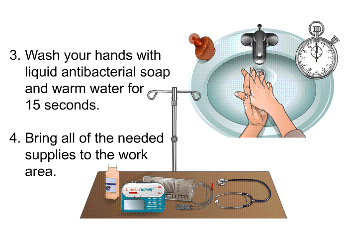 Wash your hands with liquid antibacterial soap and warm water for 15 seconds. Bring all of the needed supplies to the work area.