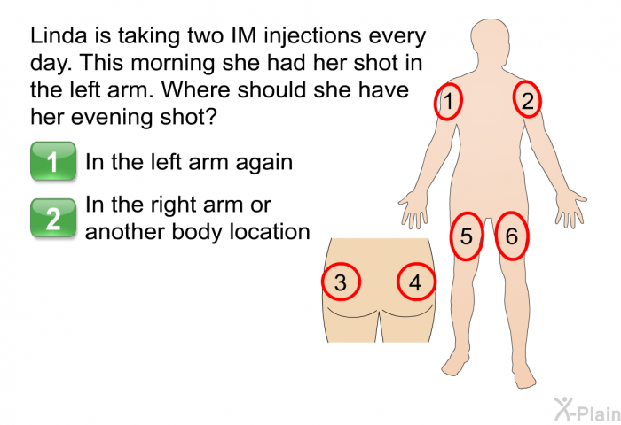 Linda is taking two IM injections every day. This morning she had her shot in the left arm. Where should she have her evening shot?  In the left arm again In the right arm or another body location