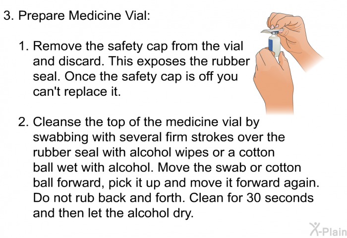 Prepare Medicine Vial:   Remove the safety cap from the vial and discard. This exposes the rubber seal. Once the safety cap is off you can't replace it. Cleanse the top of the medicine vial by swabbing with several firm strokes over the rubber seal with alcohol wipes or a cotton ball wet with alcohol. Move the swab or cotton ball forward, pick it up and move it forward again. Do not rub back and forth. Clean for 30 seconds and then let the alcohol dry.