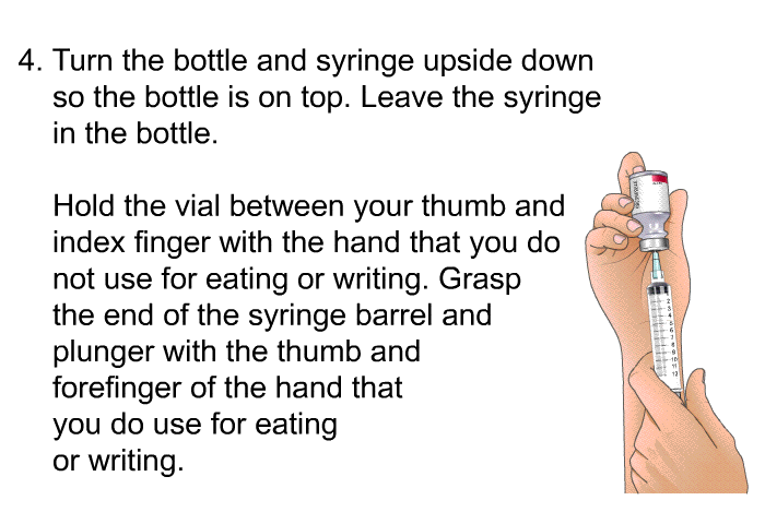 Turn the bottle and syringe upside down so the bottle is on top. Leave the syringe in the bottle. Hold the vial between your thumb and index finger with the hand that you do not use for eating or writing. Grasp the end of the syringe barrel and plunger with the thumb and forefinger of the hand that you do use for eating or writing.